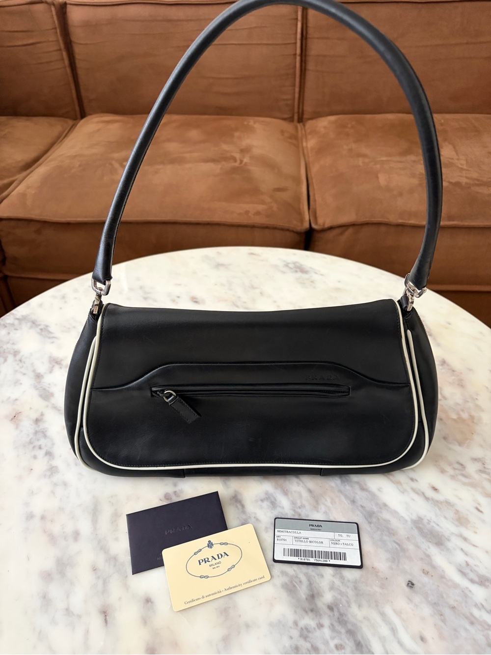 Prada Black Leather Shoulder Bag with White Piping
